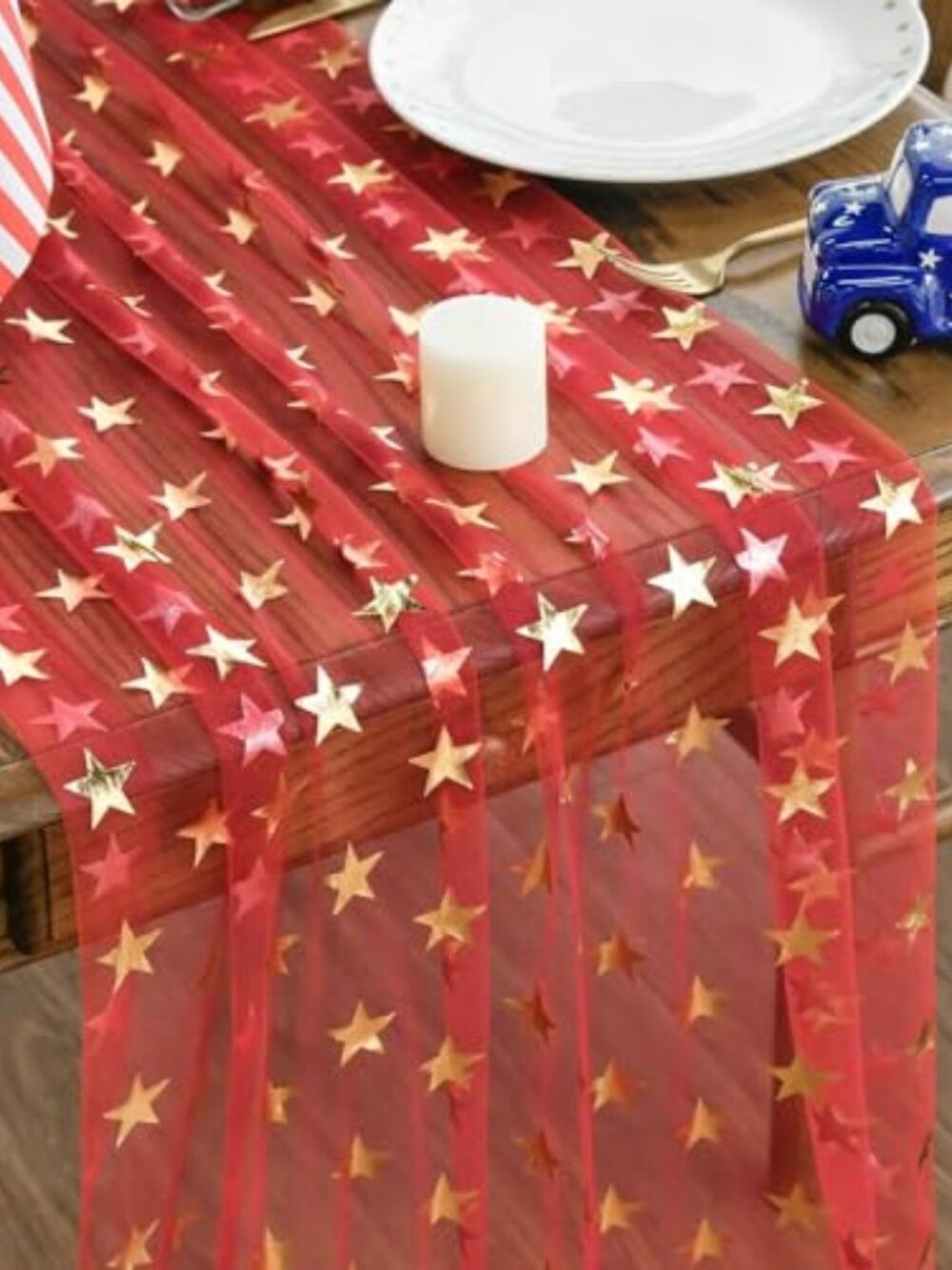 New - Golden Stars Red Gauze Table Runner 120 Inch 10FT, 4th of July Sheer